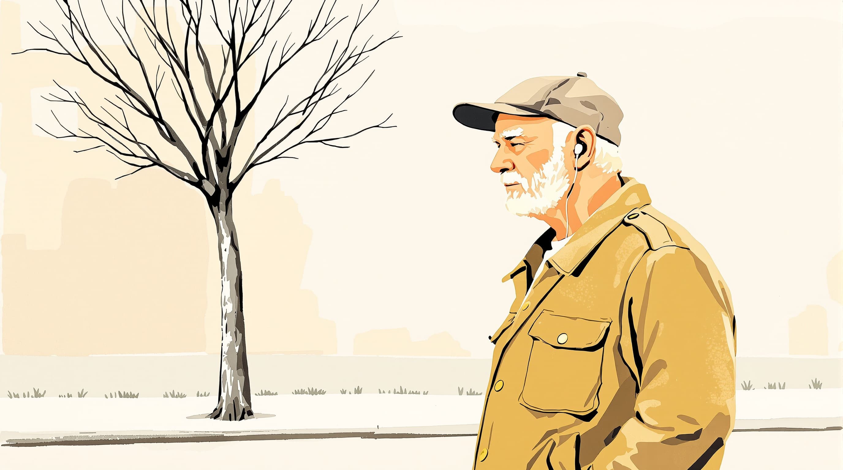 An older man on his morning walk pauses at a quiet street corner, listening to his coach through one earbud, phone loose in his hand — drawn in Coach AiLA's warm illustrated brand style.